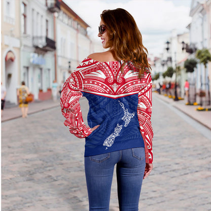 New Zealand Off Shoulder Sweatshirt Flag With Map And Maori Pattern