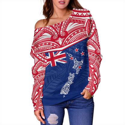 New Zealand Off Shoulder Sweatshirt Flag With Map And Maori Pattern