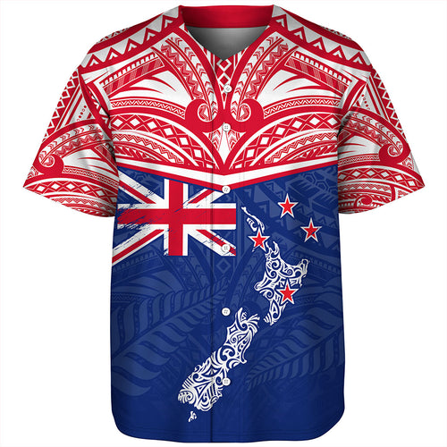 New Zealand Baseball Shirt Flag With Map And Maori Pattern