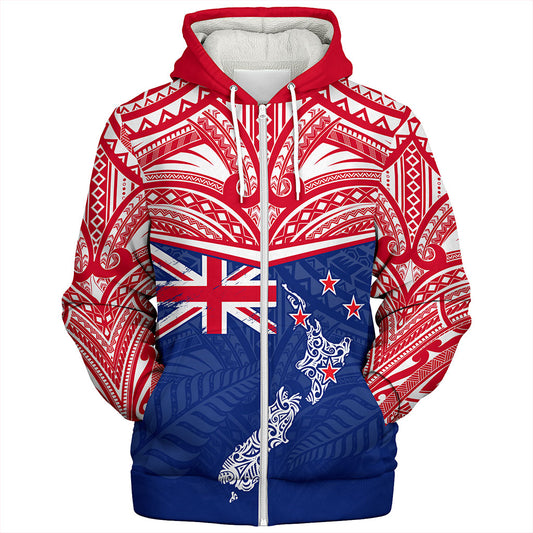New Zealand Sherpa Hoodie Flag With Map And Maori Pattern