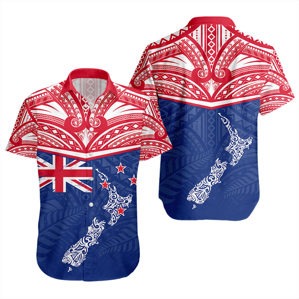 New Zealand Short Sleeve Shirt Flag With Map And Maori Pattern
