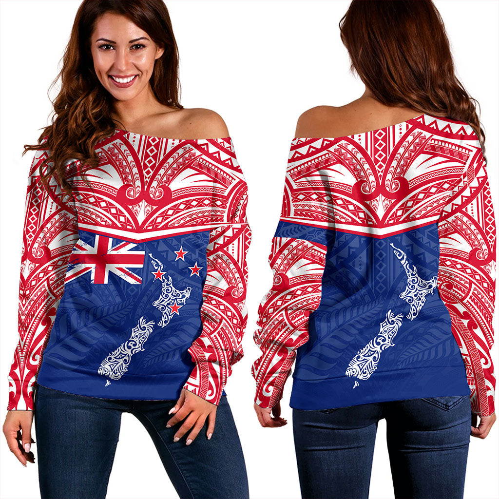 New Zealand Off Shoulder Sweatshirt Flag With Map And Maori Pattern