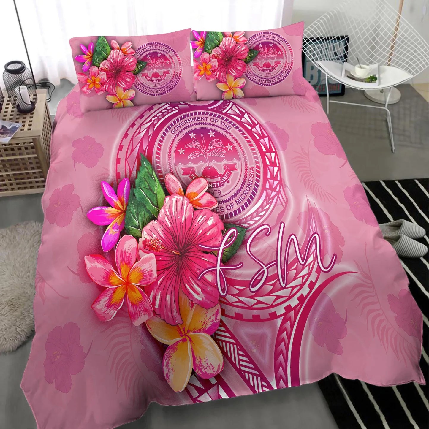 FSM Polynesian Bedding Set - Floral With Seal Pink