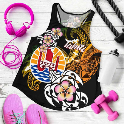French Polynesia Tahiti Women Racerback Tank - Tahiti Of Seal Turtle With Plumeria