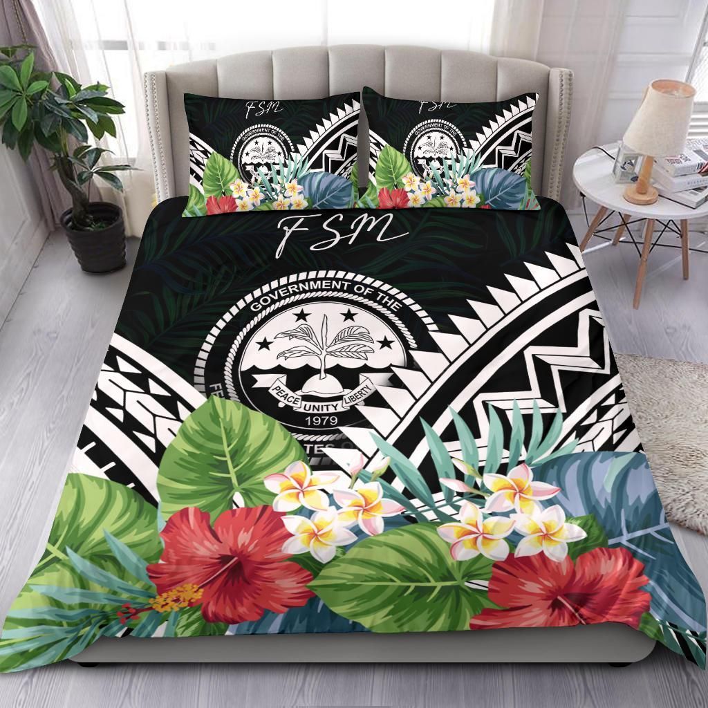 FSM Bedding Set - FSM Coat Of Arms & Polynesian Tropical Flowers White ...