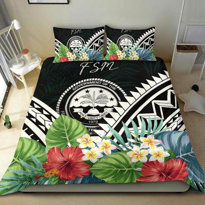 FSM Bedding Set - FSM Coat Of Arms & Polynesian Tropical Flowers White