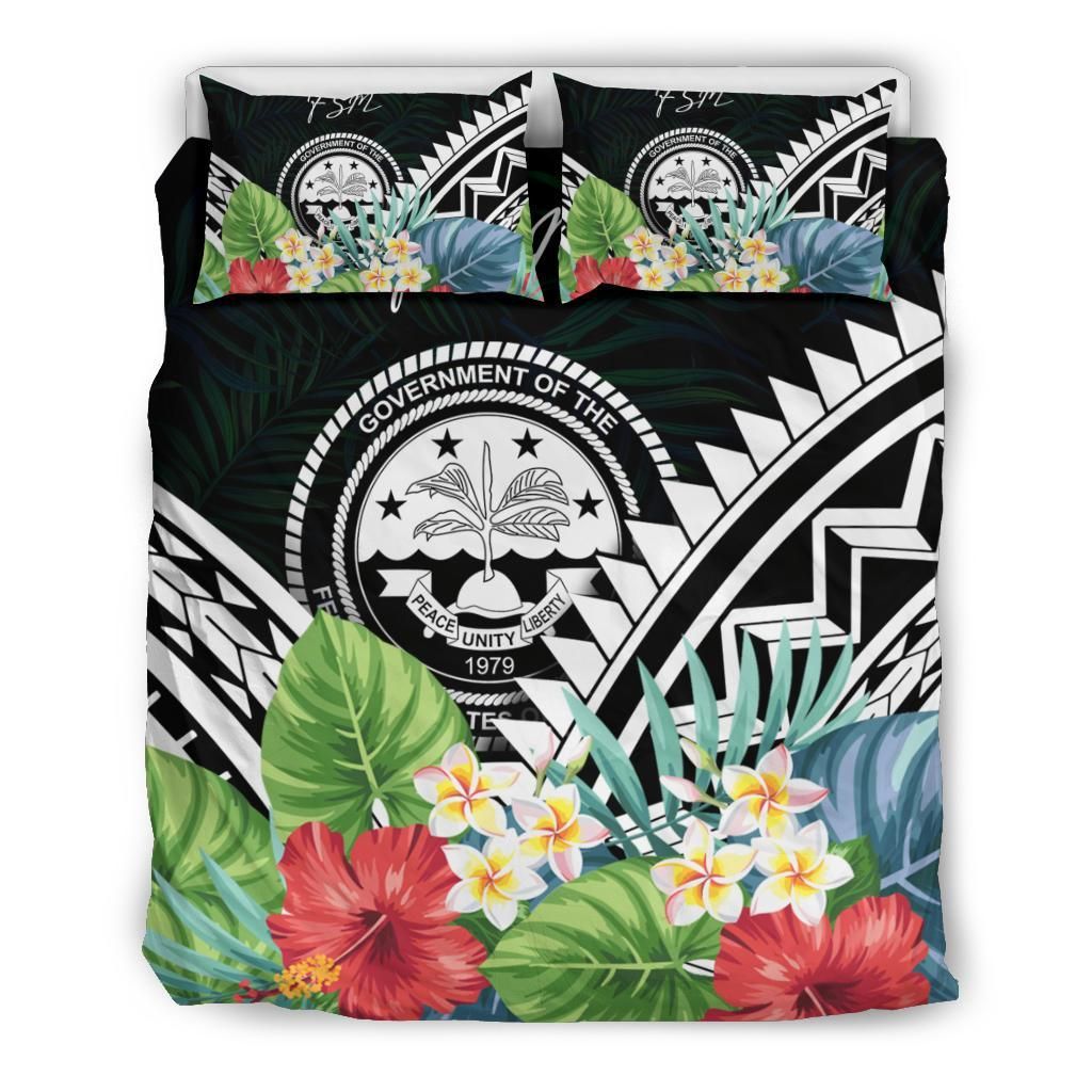 FSM Bedding Set - FSM Coat Of Arms & Polynesian Tropical Flowers White