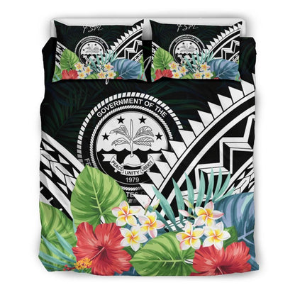 FSM Bedding Set - FSM Coat Of Arms & Polynesian Tropical Flowers White