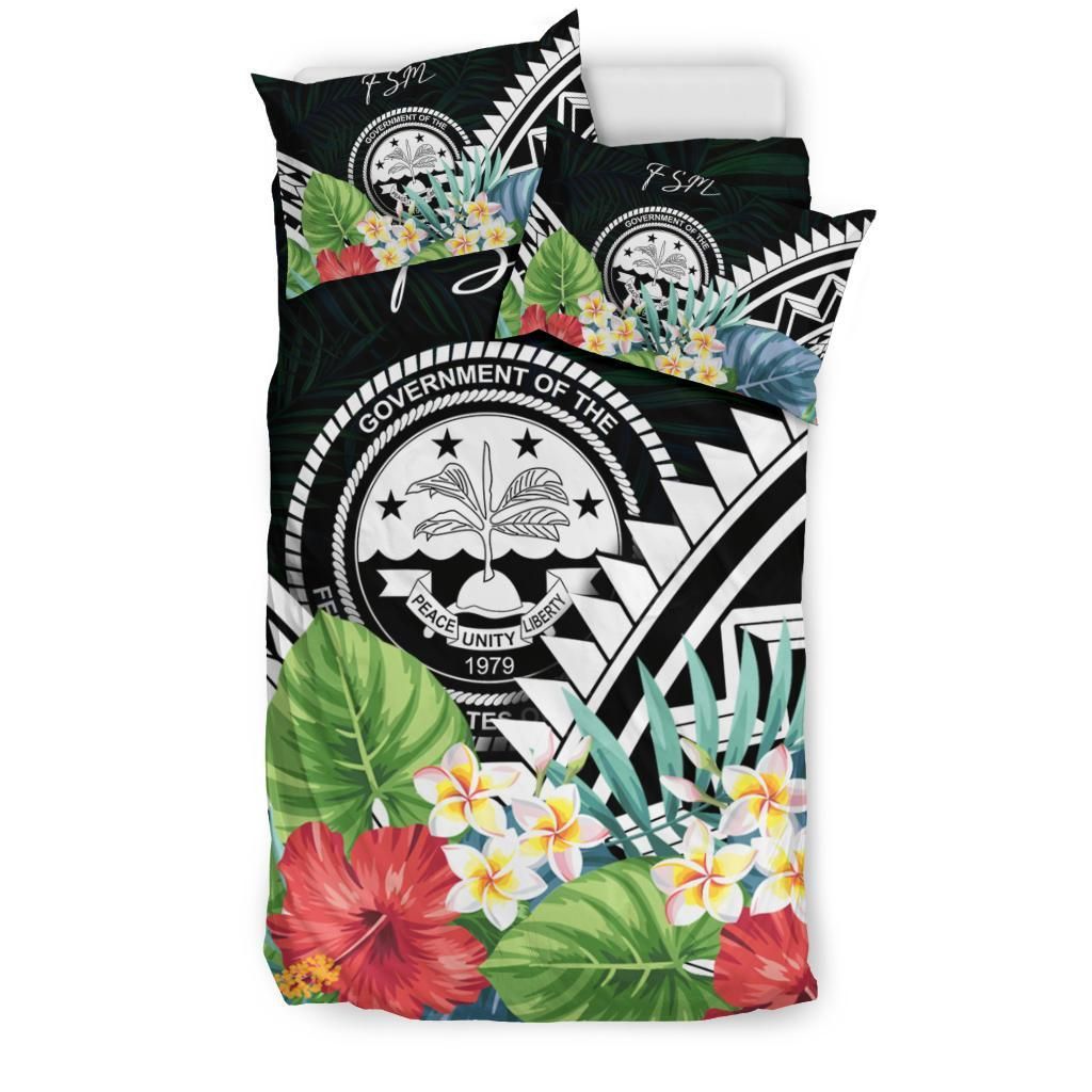 FSM Bedding Set - FSM Coat Of Arms & Polynesian Tropical Flowers White