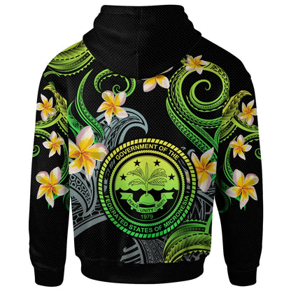 Federated States of Micronesia Hoodie - Custom Personalised Polynesian Waves with Plumeria Flowers (Green)
