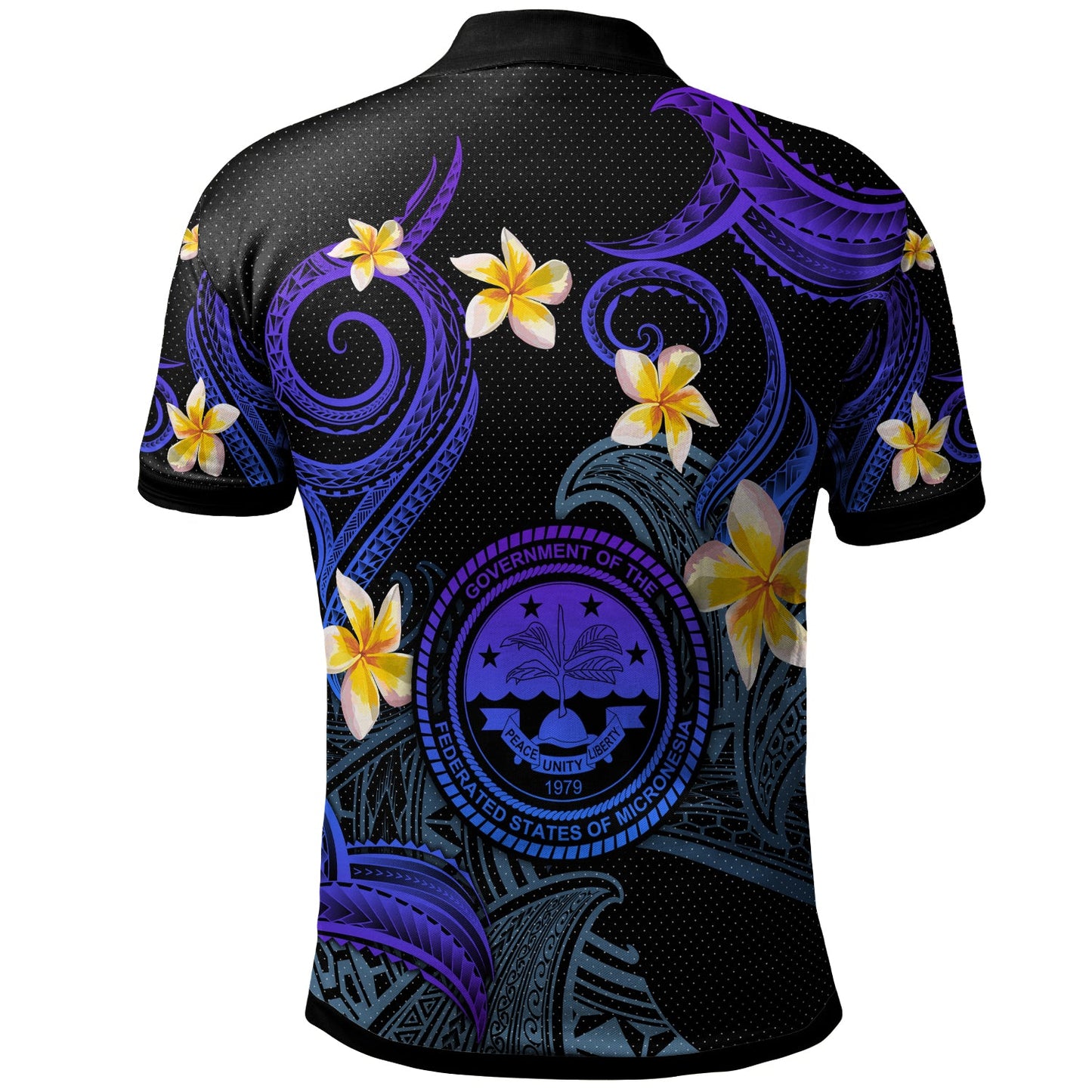 Federated States of Micronesia Polo Shirt - Custom Personalised Polynesian Waves with Plumeria Flowers (Blue)