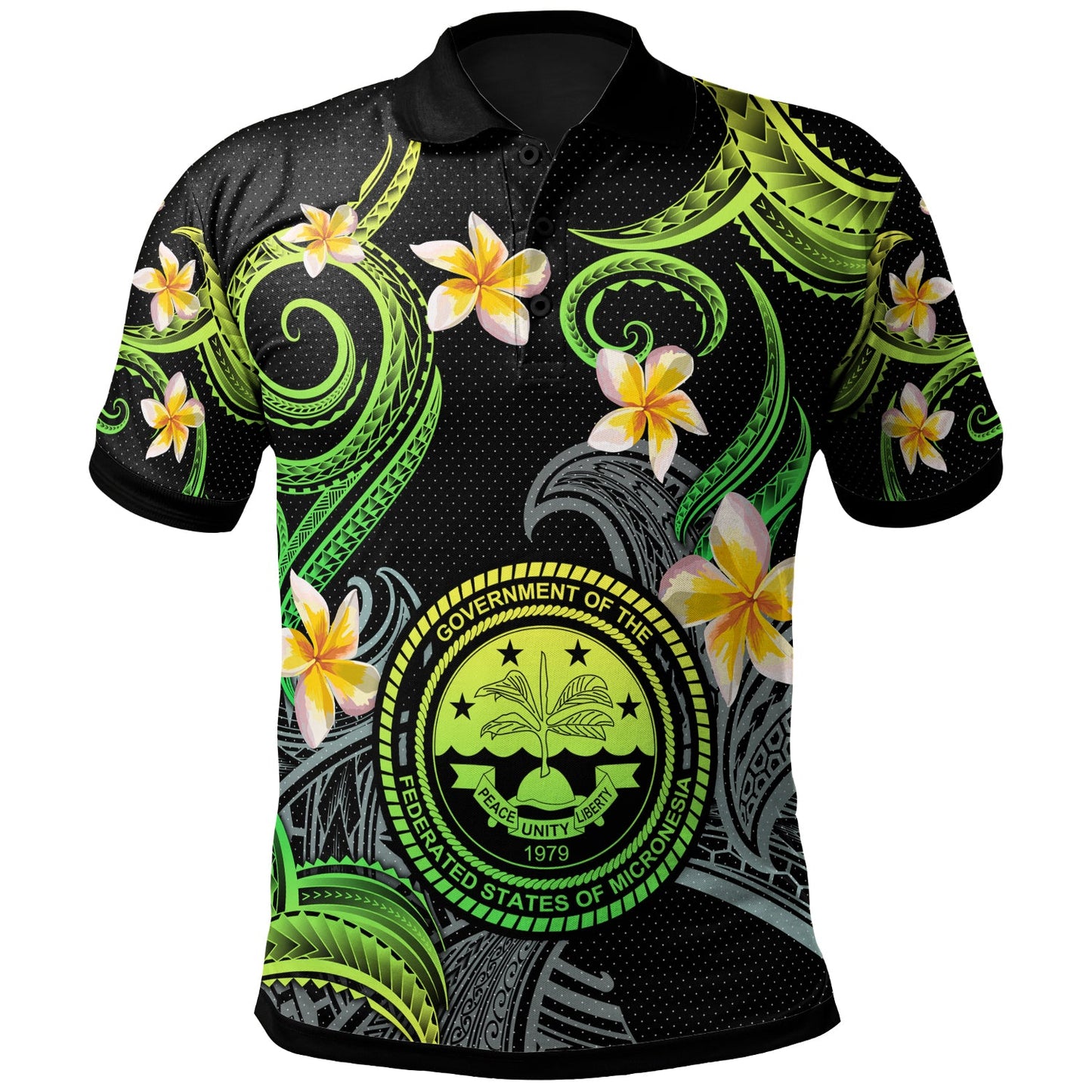 Federated States of Micronesia Polo Shirt - Custom Personalised Polynesian Waves with Plumeria Flowers (Green)