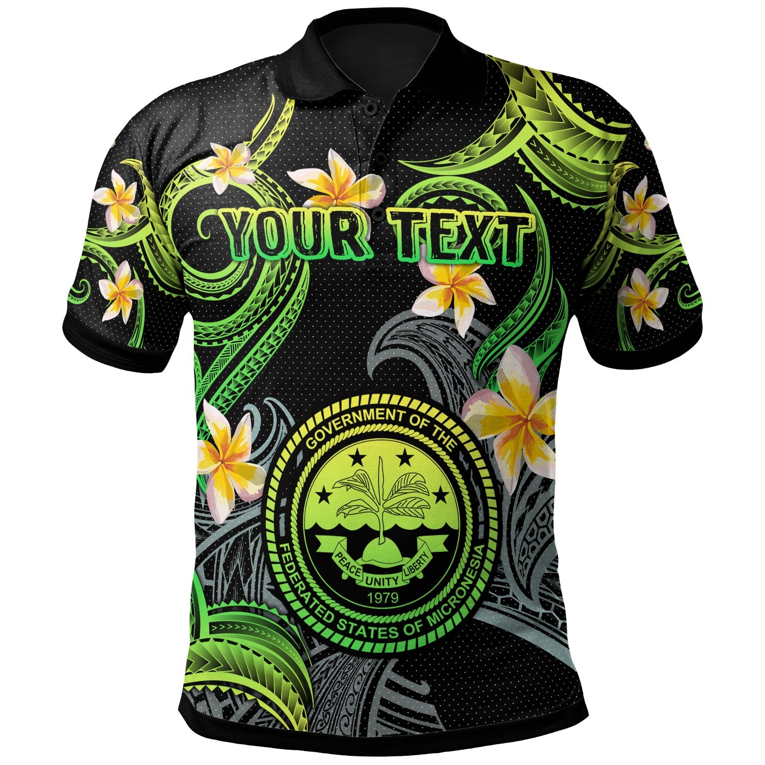 Federated States of Micronesia Polo Shirt - Custom Personalised Polynesian Waves with Plumeria Flowers (Green)