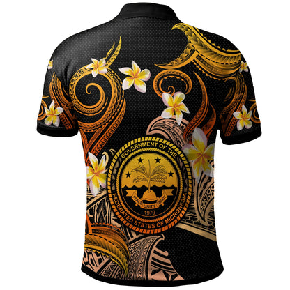 Federated States of Micronesia Polo Shirt - Custom Personalised Polynesian Waves with Plumeria Flowers (Orange)
