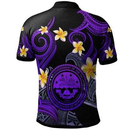 Federated States of Micronesia Polo Shirt - Custom Personalised Polynesian Waves with Plumeria Flowers (Purple)