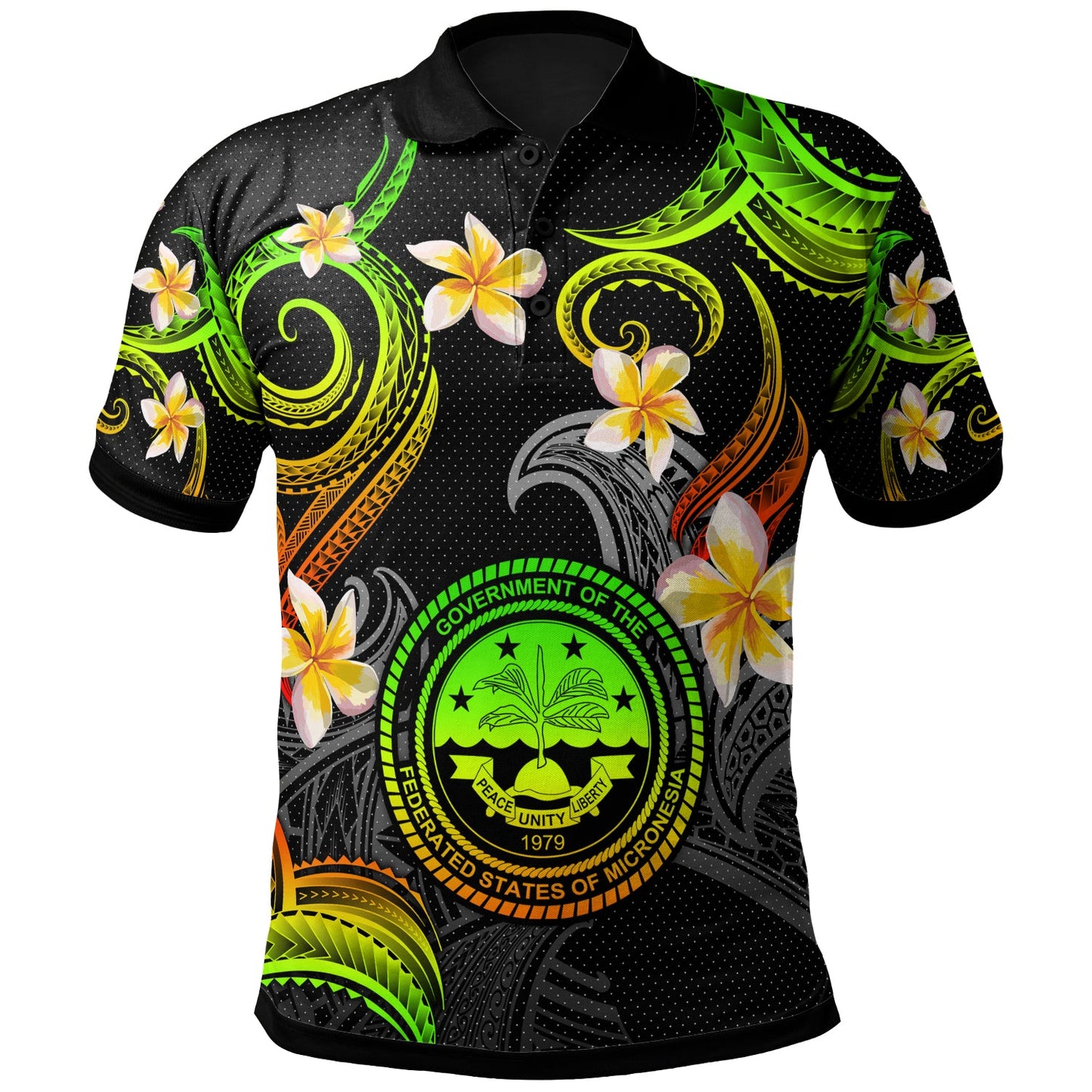 Federated States of Micronesia Polo Shirt - Custom Personalised Polynesian Waves with Plumeria Flowers (Reggae)
