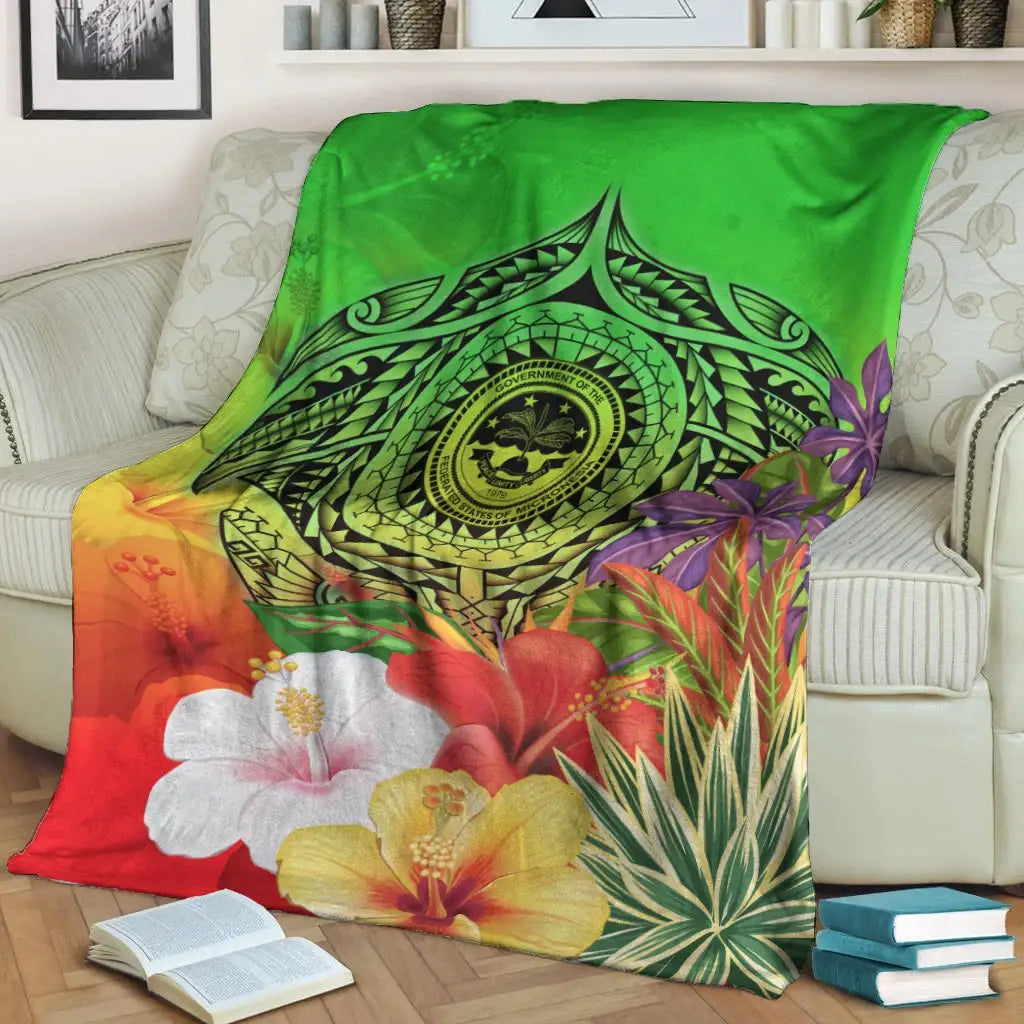 Fsm Polynesian Premium Blanket - Manta Ray Tropical Flowers (Green)