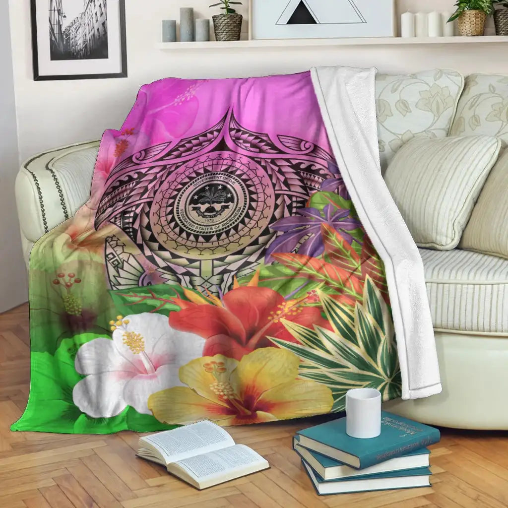 Fsm Polynesian Premium Blanket - Manta Ray Tropical Flowers