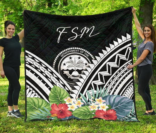 FSM Premium Quilt - FSM Coat of Arms & Polynesian Tropical Flowers White