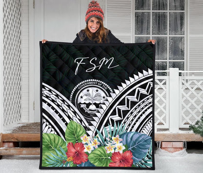 FSM Premium Quilt - FSM Coat of Arms & Polynesian Tropical Flowers White