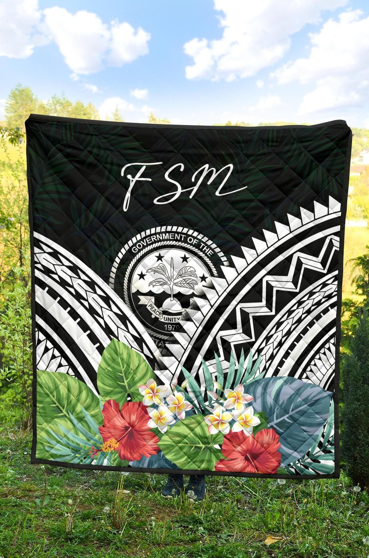 FSM Premium Quilt - FSM Coat of Arms & Polynesian Tropical Flowers White