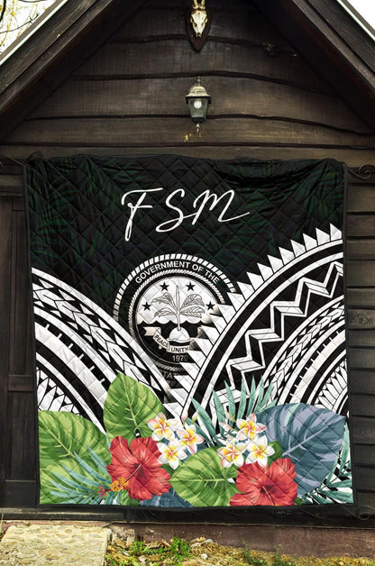 FSM Premium Quilt - FSM Coat of Arms & Polynesian Tropical Flowers White