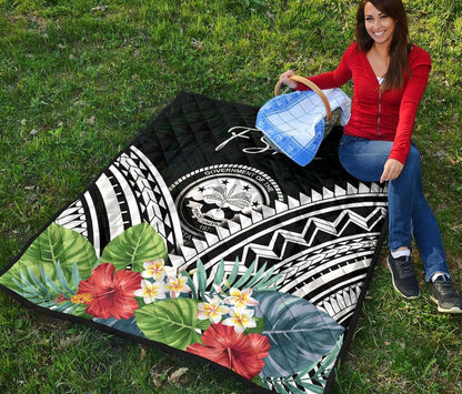 FSM Premium Quilt - FSM Coat of Arms & Polynesian Tropical Flowers White