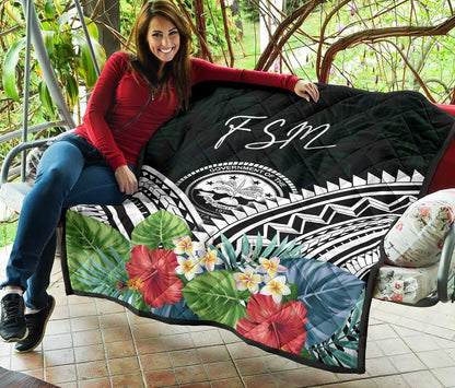 FSM Premium Quilt - FSM Coat of Arms & Polynesian Tropical Flowers White