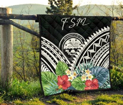 FSM Premium Quilt - FSM Coat of Arms & Polynesian Tropical Flowers White