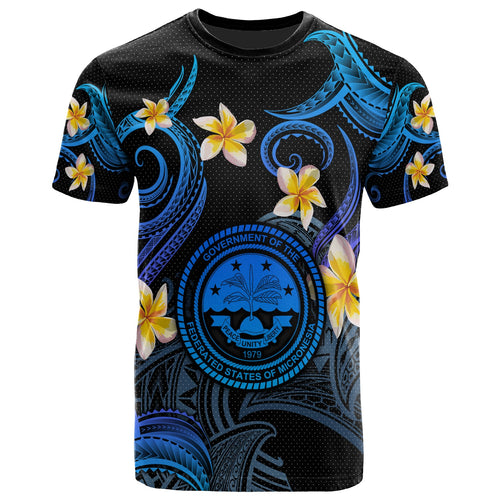 Federated States of Micronesia T-shirt - Custom Personalised Polynesian Waves with Plumeria Flowers (Blue)