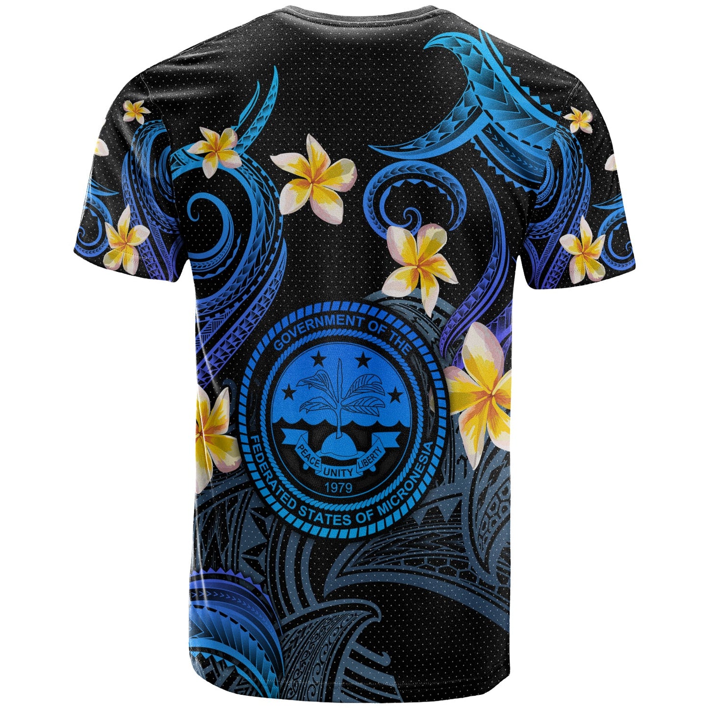 Federated States of Micronesia T-shirt - Custom Personalised Polynesian Waves with Plumeria Flowers (Blue)