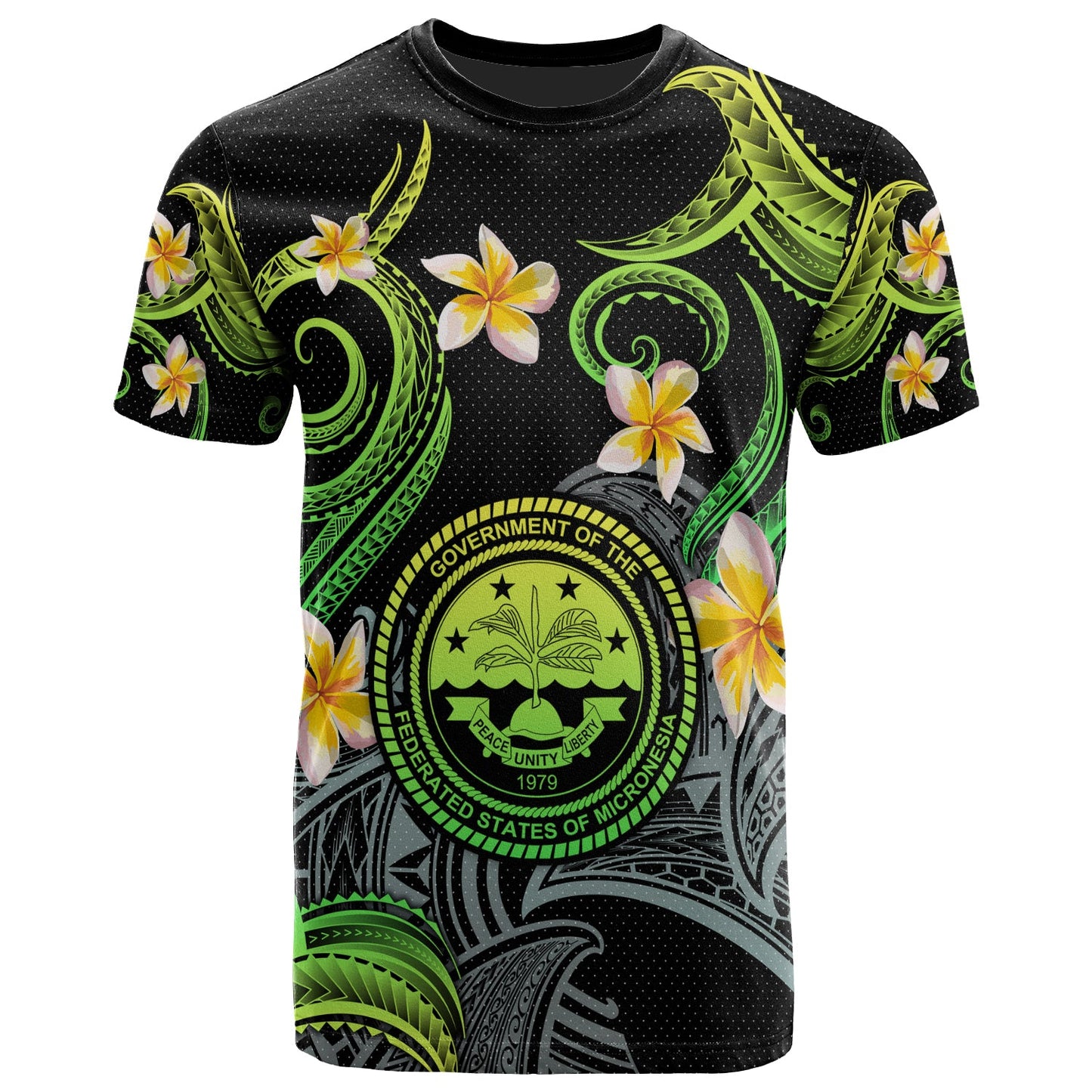 Federated States of Micronesia T-shirt - Custom Personalised Polynesian Waves with Plumeria Flowers (Green)