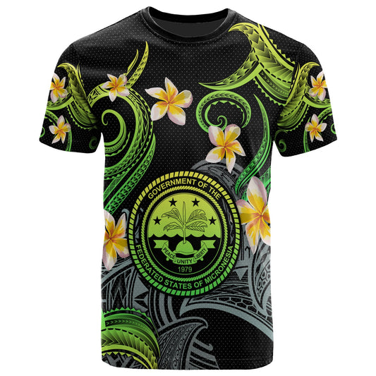 Federated States of Micronesia T-shirt - Custom Personalised Polynesian Waves with Plumeria Flowers (Green)
