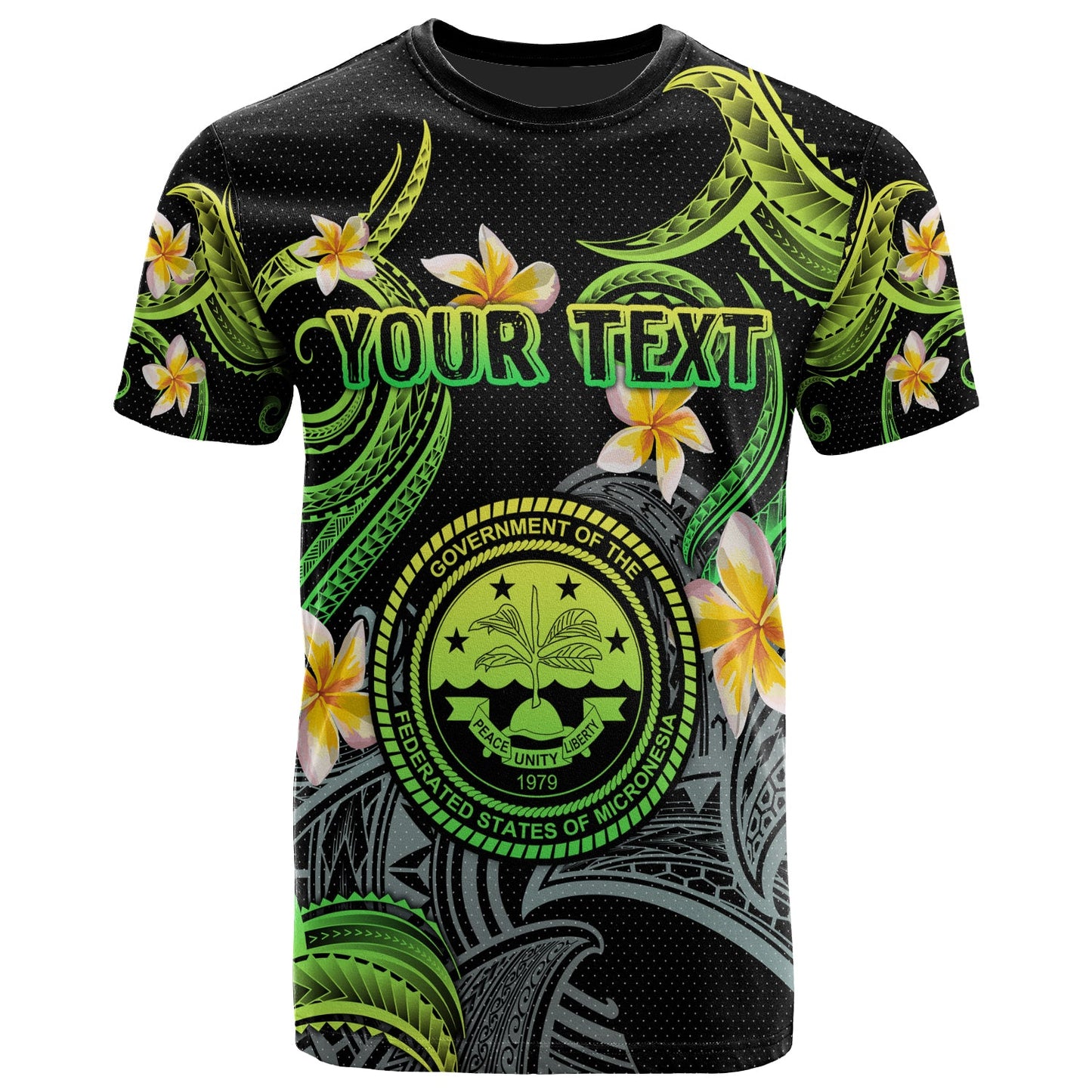 Federated States of Micronesia T-shirt - Custom Personalised Polynesian Waves with Plumeria Flowers (Green)