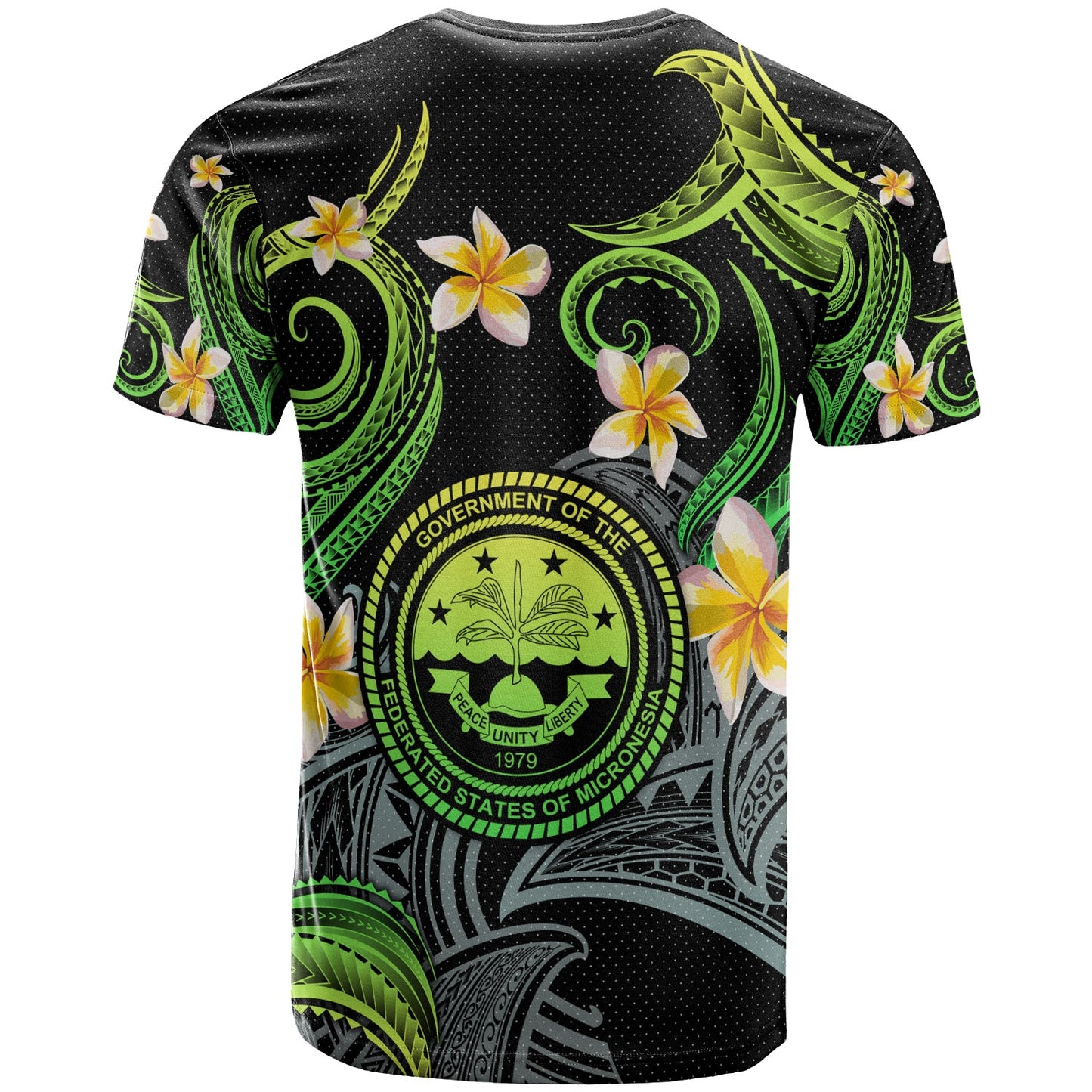 Federated States of Micronesia T-shirt - Custom Personalised Polynesian Waves with Plumeria Flowers (Green)