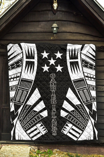 Gambier Islands Premium Quilt - Gambier Islands Flag Polynesian White Tattoo (Black)