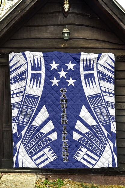 Gambier Islands Premium Quilt - Gambier Islands Flag Polynesian White Tattoo (Blue)