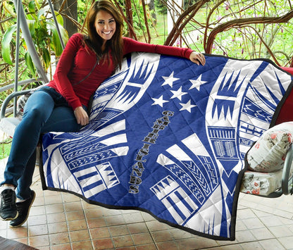 Gambier Islands Premium Quilt - Gambier Islands Flag Polynesian White Tattoo (Blue)