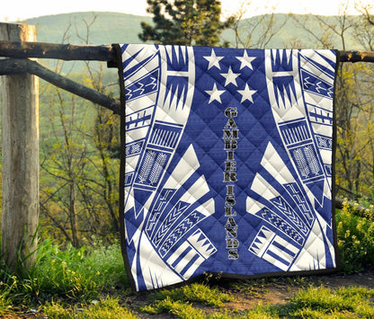 Gambier Islands Premium Quilt - Gambier Islands Flag Polynesian White Tattoo (Blue)