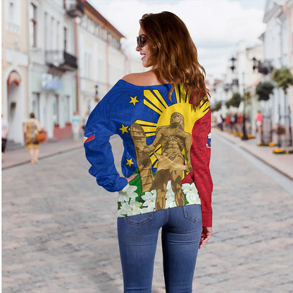 Philippines Filipinos Off Shoulder Sweatshirt Lapu-Lapu Hero With Sampaguita Flower