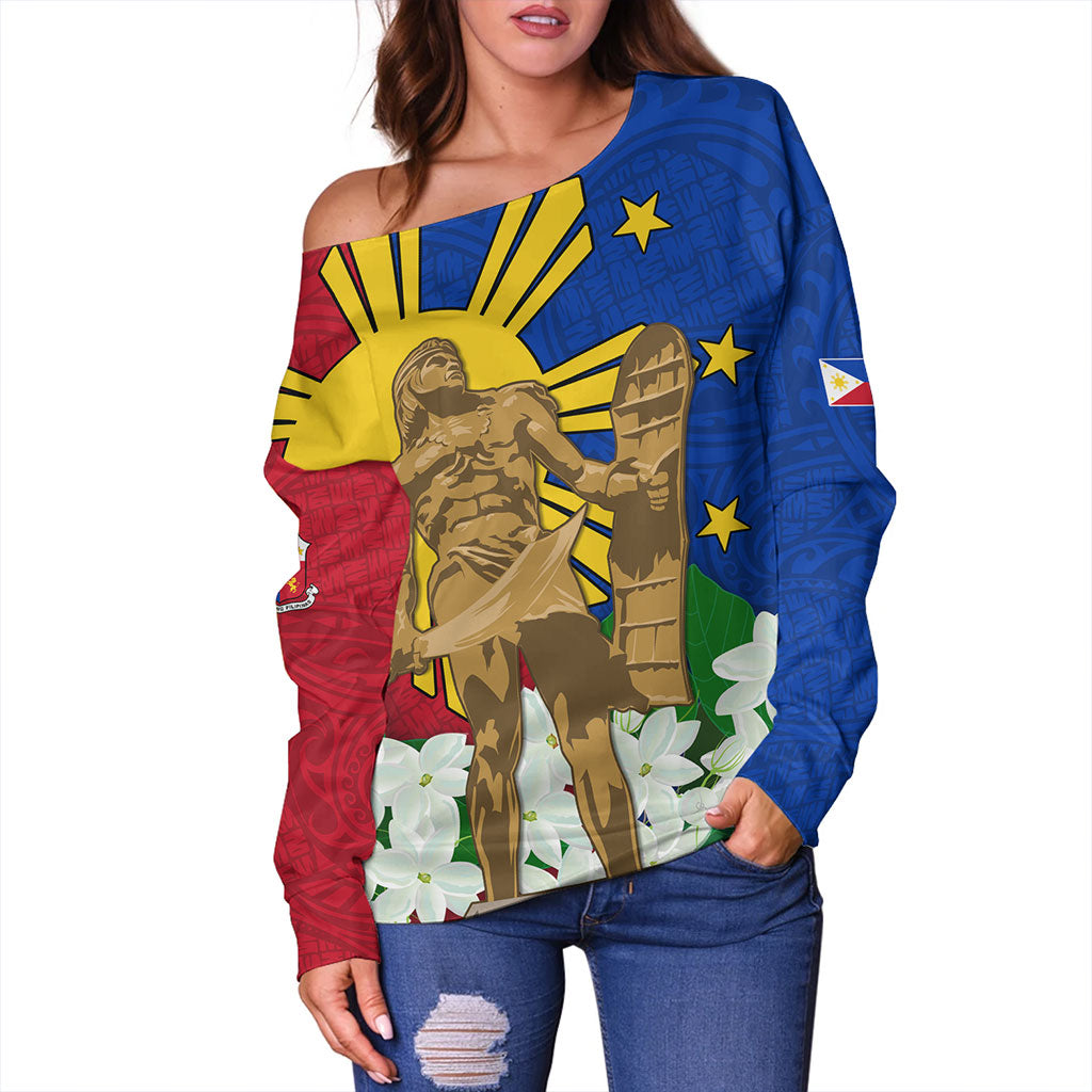 Philippines Filipinos Off Shoulder Sweatshirt Lapu-Lapu Hero With Sampaguita Flower