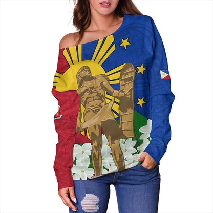 Philippines Filipinos Off Shoulder Sweatshirt Lapu-Lapu Hero With Sampaguita Flower