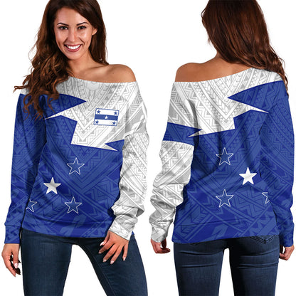 Gambier Islands Off Shoulder Sweatshirt Polynesian Tattoo Flag And Coat Of Arms