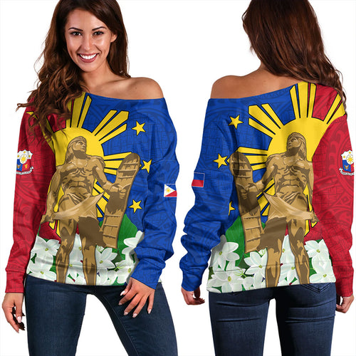 Philippines Filipinos Off Shoulder Sweatshirt Lapu-Lapu Hero With Sampaguita Flower