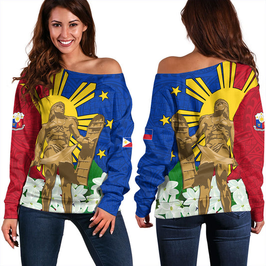 Philippines Filipinos Off Shoulder Sweatshirt Lapu-Lapu Hero With Sampaguita Flower