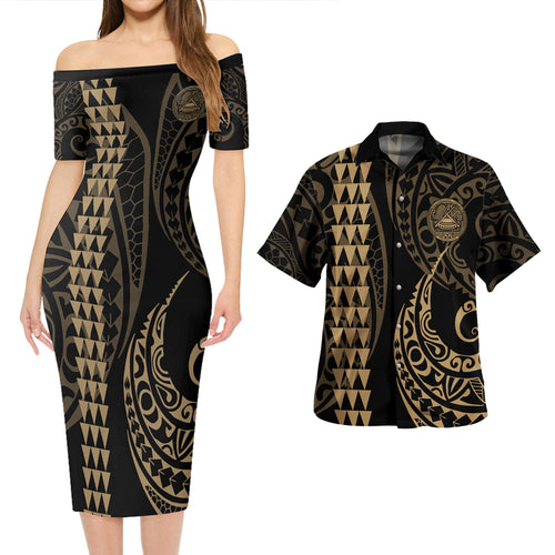 American Samoa Combo Short Sleeve Dress And Shirt Kakau Style Gold