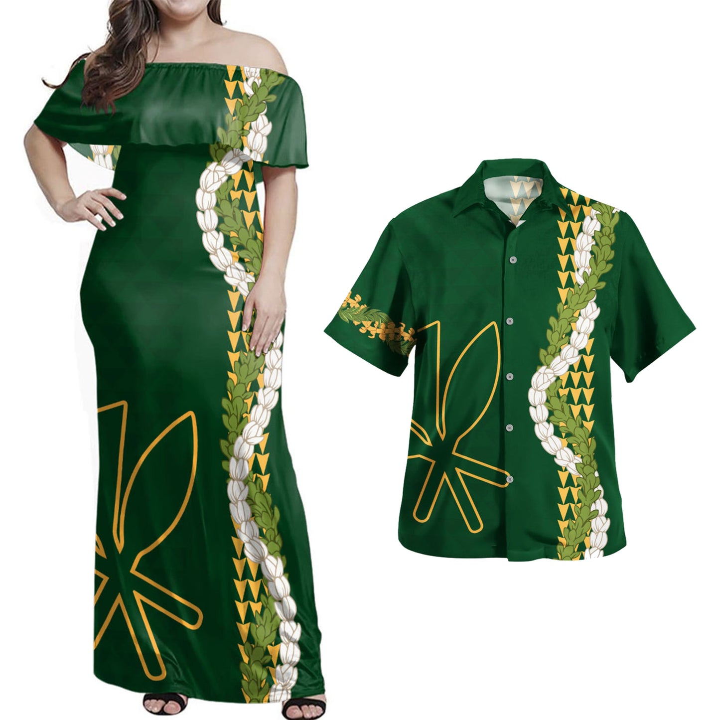 Hawaii Polynesian Combo Dress And Shirt Kanaka Maoli Puakenikeni Maile Flower Lei