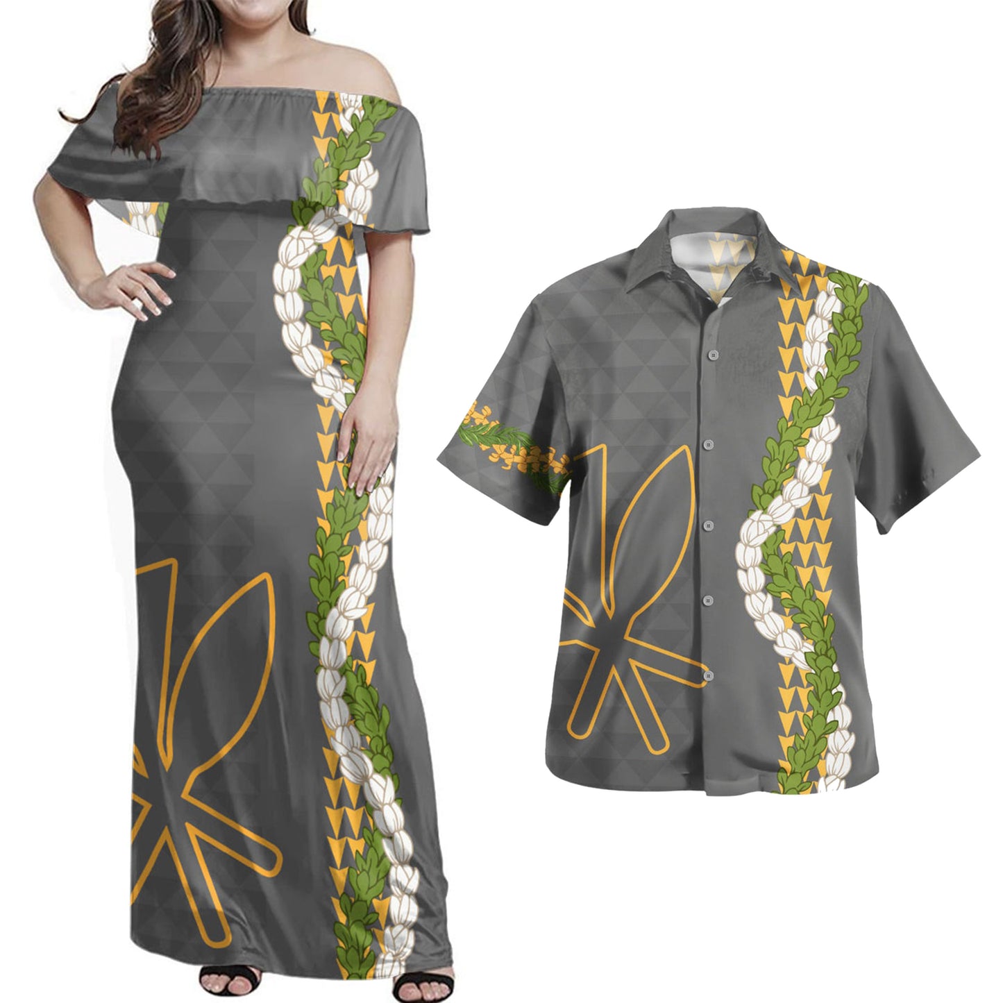 Hawaii Polynesian Combo Dress And Shirt Kanaka Maoli Puakenikeni Maile Flower Lei