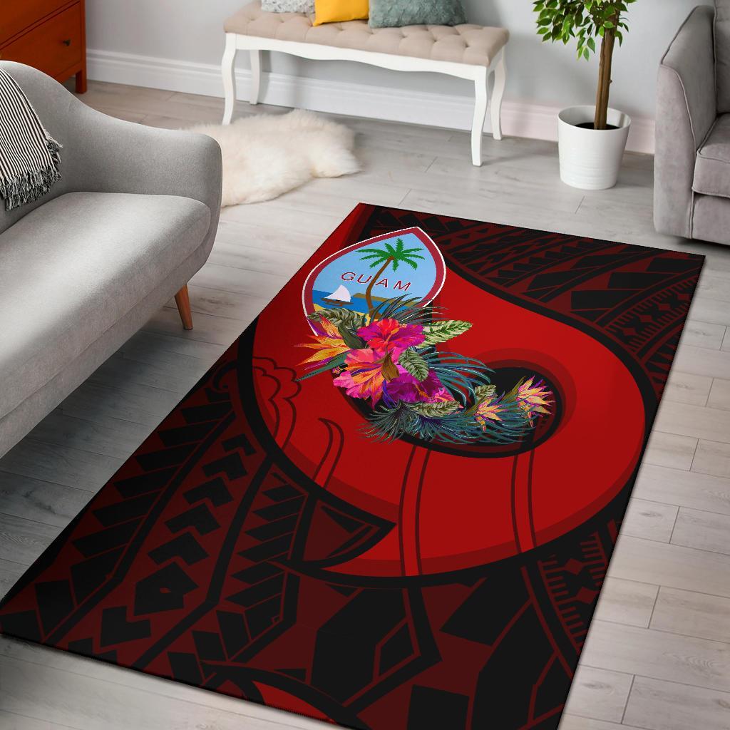 Guam Area Rug - Polynesian Hook And Hibiscus (Red)