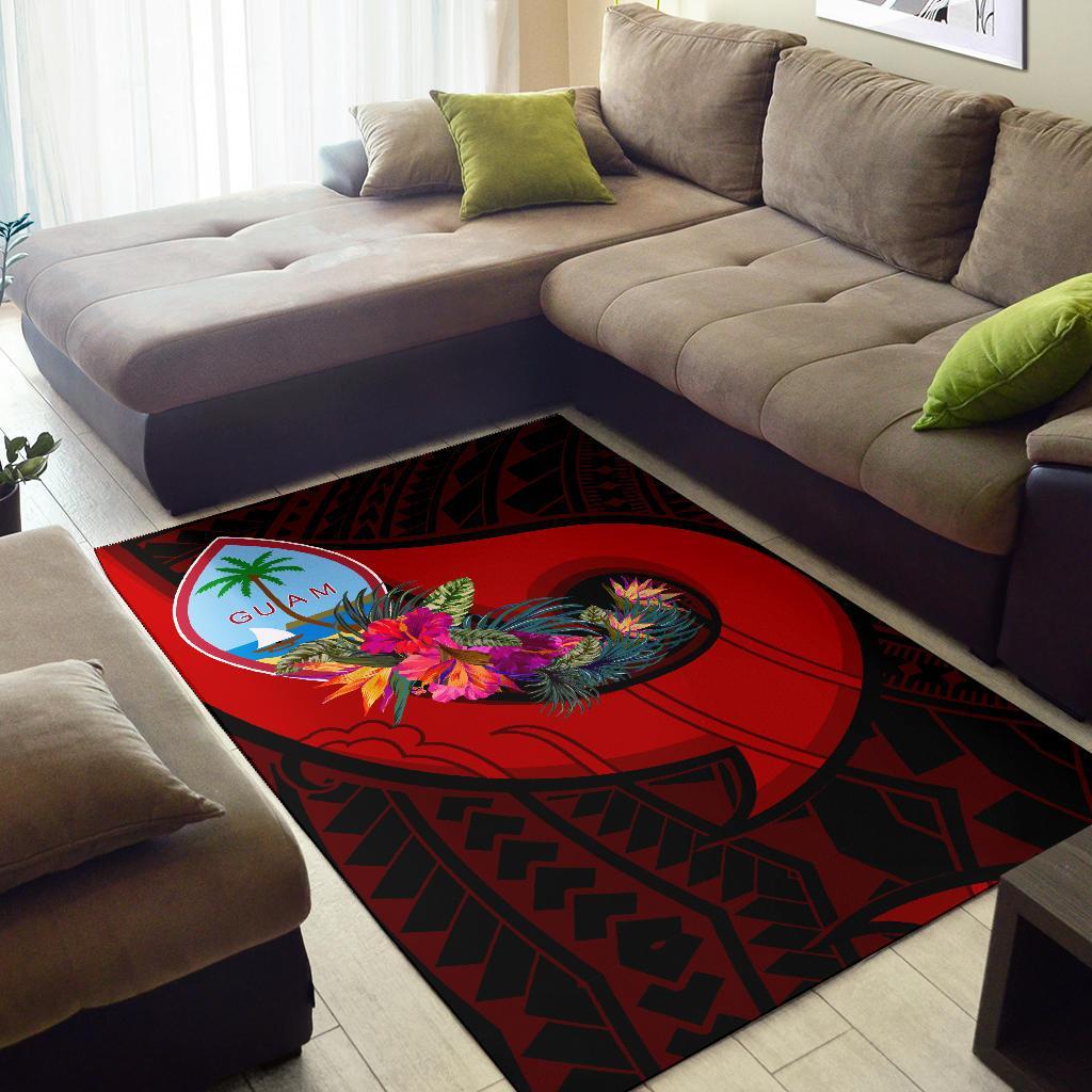 Guam Area Rug - Polynesian Hook And Hibiscus (Red)